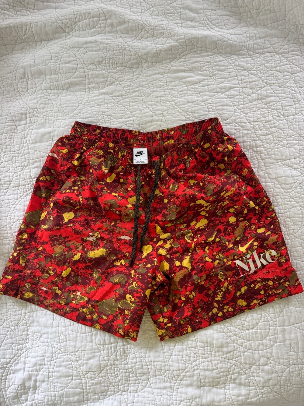Nike Men’s Red and Yellow Camo Athletic Shorts